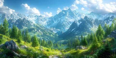 Majestic Mountainscapes with Serene Blue Sky and Lush Green Trees