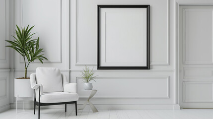 Contemporary white room with a black poster frame, accented by a stylish chair and a small indoor plant.