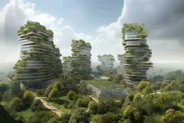 Visionary concept of urban green buildings blending with nature, showcasing sustainability