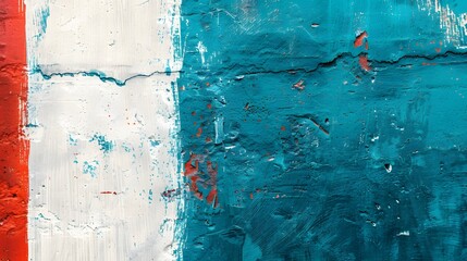 Closeup of colorful teal, blue and red urban wall texture with white white paint stroke. Modern...