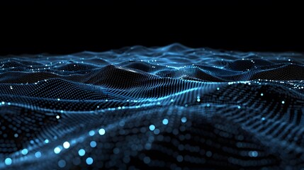 Abstract Blue Glowing Waves and Connecting Dots on Black Background