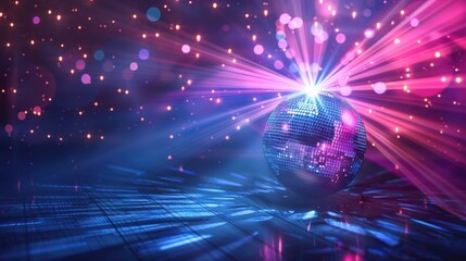 Disco ball with rays on purple background with copy space. Dance party. mirror ball reflections, night club stage lights and party. Glowing reflecting ball for entertainment, sparkling effect lighting