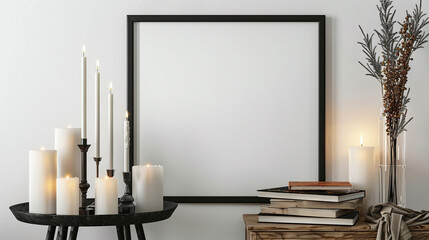 Elegant black frame on a white wall, flanked by tall candles and a wooden side table with...