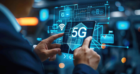 Fototapeta premium Businessman with 5G hologram on his hand and element of this image furnished, smart city and network connect concept