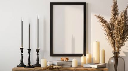 Elegant black frame on a white wall, flanked by tall candles and a wooden side table with decorative books.