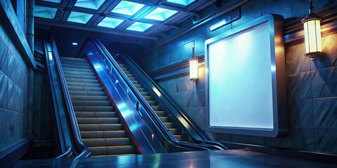 A close-up of a blank white billboard hanging above an escalator in a subway station,