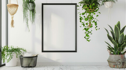 Elegant black poster frame in a bright white room with bohemian-style decorations and hanging green...