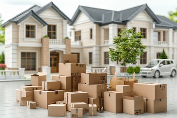 Cozy and organized moving scene with a house and truck, highlighting efficient logistics and transport services in a modern residential setting