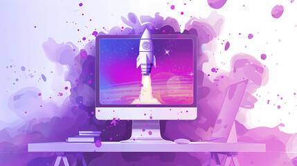 Obraz premium Vector Art: Computer on Desk with Website Rocket Launch - Purple Splash on White Background