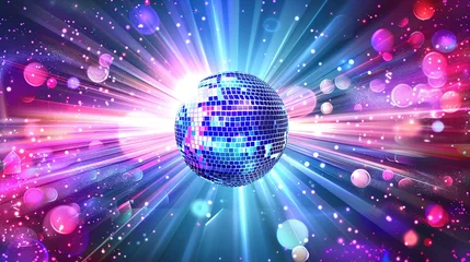 Fotobehang Disco ball with rays on purple background with copy space. Dance party. mirror ball reflections, night club stage lights and party. Glowing reflecting ball for entertainment, sparkling effect lighting © yana136