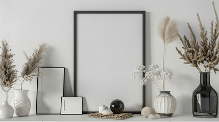 Modern black poster frame on a white gallery wall, surrounded by chic decor items like frames and vases.