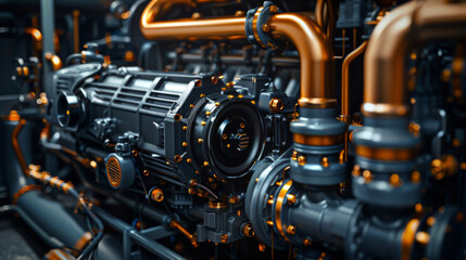 Fototapeta premium Close-up of a complex industrial machine featuring numerous copper pipes and mechanical components, showcasing engineering precision.