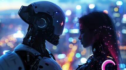human and robot couple of two love and hugging, robotic man and woman embrace and kissing, relationship of human and machine, artificial intelligence concept