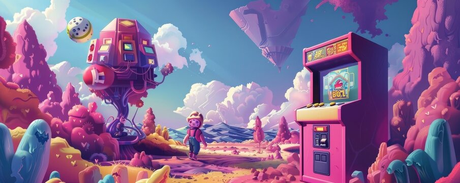 A vibrant, surreal landscape filled with vintage arcade game characters. Whimsical terrain and floating elements in neon pinks, purples, and blues create a nostalgic tribute to classic video games.