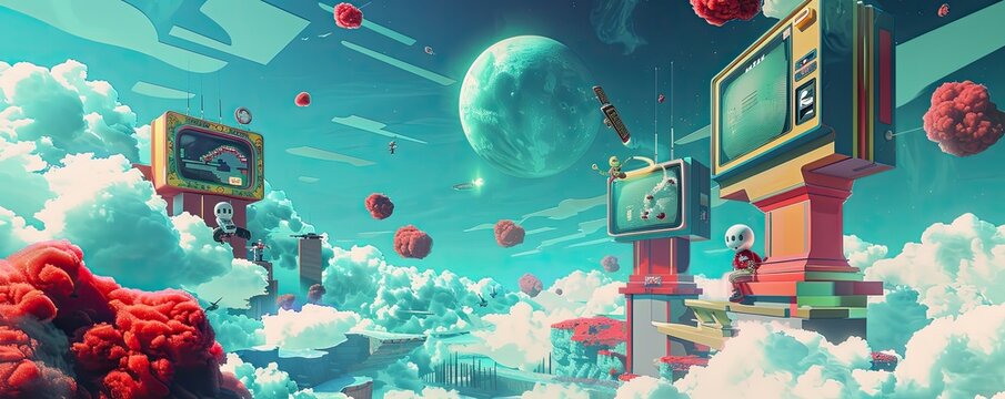 A vibrant, surreal landscape filled with vintage arcade game characters. Whimsical terrain and floating elements in neon pinks, purples, and blues create a nostalgic tribute to classic video games.