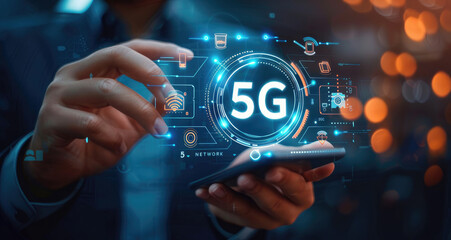 Businessman with 5G hologram on his hand and element of this image furnished, smart city and network connect concept