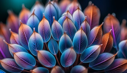 purple, blue and orange leaves clustered together against a dark background