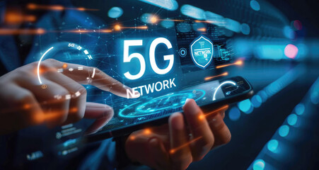 Businessman with 5G hologram on his hand and element of this image furnished, smart city and network connect concept