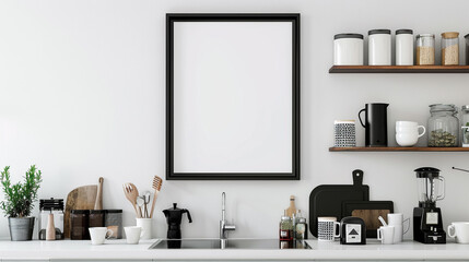Trendy black poster frame in a white kitchen, above a modern coffee bar with eclectic mugs and accessories.