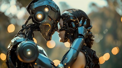 Fototapeta premium human and robot couple love and hug, robotic man and woman embrace and kiss, relationship of human and machine, artificial intelligence concept