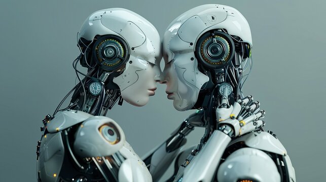 human and robot couple love and hug, robotic man and woman embrace and kiss, relationship of human and machine, artificial intelligence concept