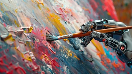 robotic hand with paintbrush painting picture, robot finger hold brush, draw art, artificial intelligence