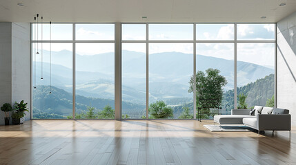 Elegantes Fenster mit einem Panorama-Glasblick und minimalistischen Vorh??ngen, typisch f??r...