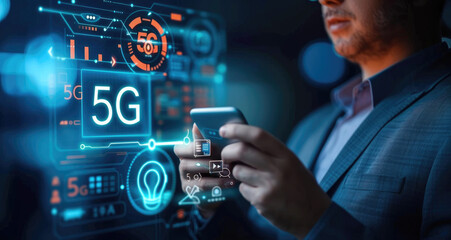 Businessman with 5G hologram on his hand and element of this image furnished, smart city and network connect concept