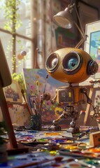 Naklejka premium cute vintage robot painting picture in artistic studio, funny robotic cyborg artist drawing artwork on canvas, artificial intelligence concept