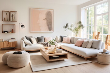 Fototapeta na wymiar A spacious living room features a large sectional sofa, wooden furniture, and a warm neutral color palette, bathed in natural sunlight from ample windows - Generative AI
