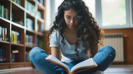 Portrait view of a very busy young brunette multiracial student sitting at the floor and reading something at the book