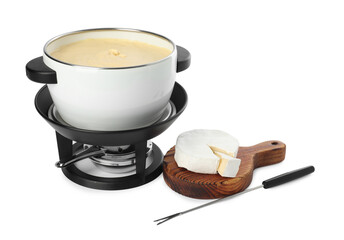 Fondue with tasty melted cheese, camembert and fork isolated on white