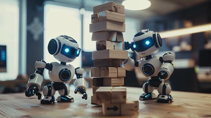 cute funny robots play jenga game, cyborgs playing with toys