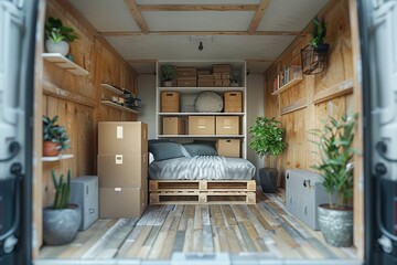 Illustration of a logistics truck with a modern living room interior, showcasing efficient moving and transport services with organized packing and cozy living.