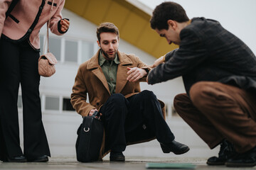 Outdoor scene of a kind colleague assisting a businessman in gathering his fallen items on a...