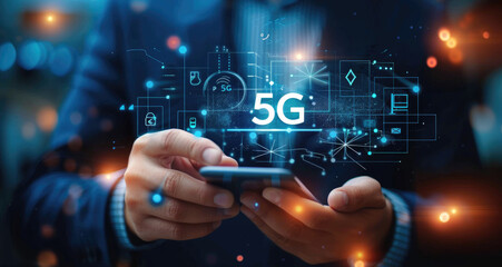 Fototapeta premium Businessman with 5G hologram on his hand and element of this image furnished, smart city and network connect concept