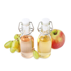 Different types of vinegar and ingredients isolated on white