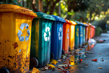 Colorful Trash Cans with Recycling Symbols in Sunny City Park