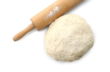 Raw dough and rolling pin isolated on white, top view