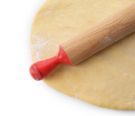 Raw dough and rolling pin isolated on white, top view