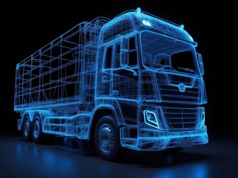 futuristic semi truck with glowing blue lines and a trailer,on a black background