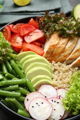Healthy meal. Tasty products in bowl on table, closeup
