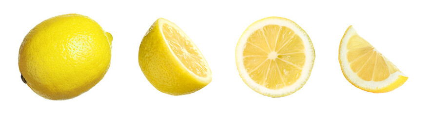 Fresh lemons isolated on white, set. Whole one, half and slices