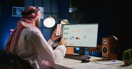 Muslim teleworker and coworkers in internet video call checking analytical data statistics. Arab...