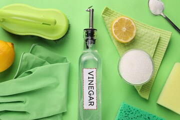 Eco friendly natural cleaners. Flat lay composition with bottle of vinegar on green background