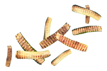 Slices of grilled zucchinis in air on white background
