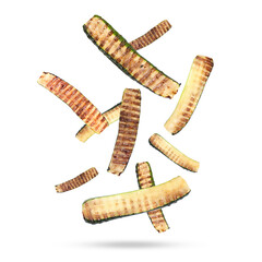 Slices of grilled zucchinis in air on white background