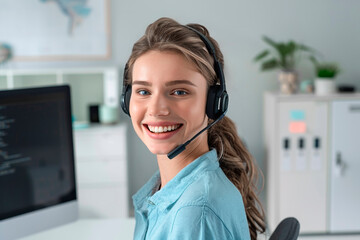 Happy young woman working on laptop while talking with client using wireless headphones. Consulting a corporate client. Customer service consultant talking in a call center