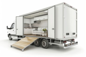 Modern logistics truck with a stylish kitchen interior, highlighting efficient moving and transport services with a focus on organized packing and comfortable living.