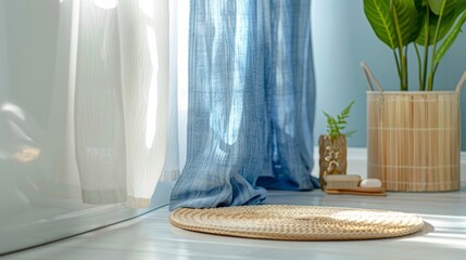 A bathroom with a chic shower curtain made from upcycled denim and a bamboo bath mat adding a touch...